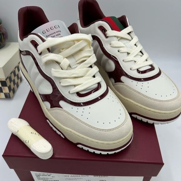 Men's Gucci re-Web sneakers in white leather with red accents size 12.5 Italy - Picture 1 of 14
